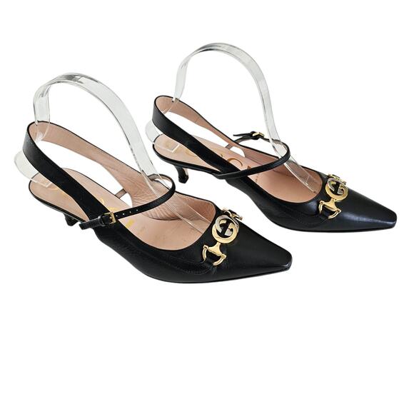 Gucci Zumi Interlocking GG Slingback Pump Heel Size 37.5 US 7.5 Black Leather